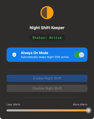 A screenshot of the Night Shift Keeper app running on macOS, showing the main interface with a toggle switch and color temperature slider.